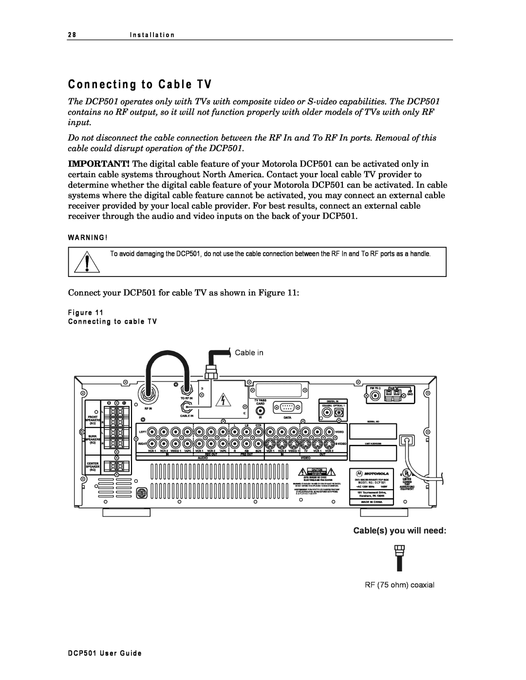 Motorola C o n n ec t i n g t o Ca b l e T, Cables you will need, Figure Connecting to cab le TV, DCP501 User Guide 
