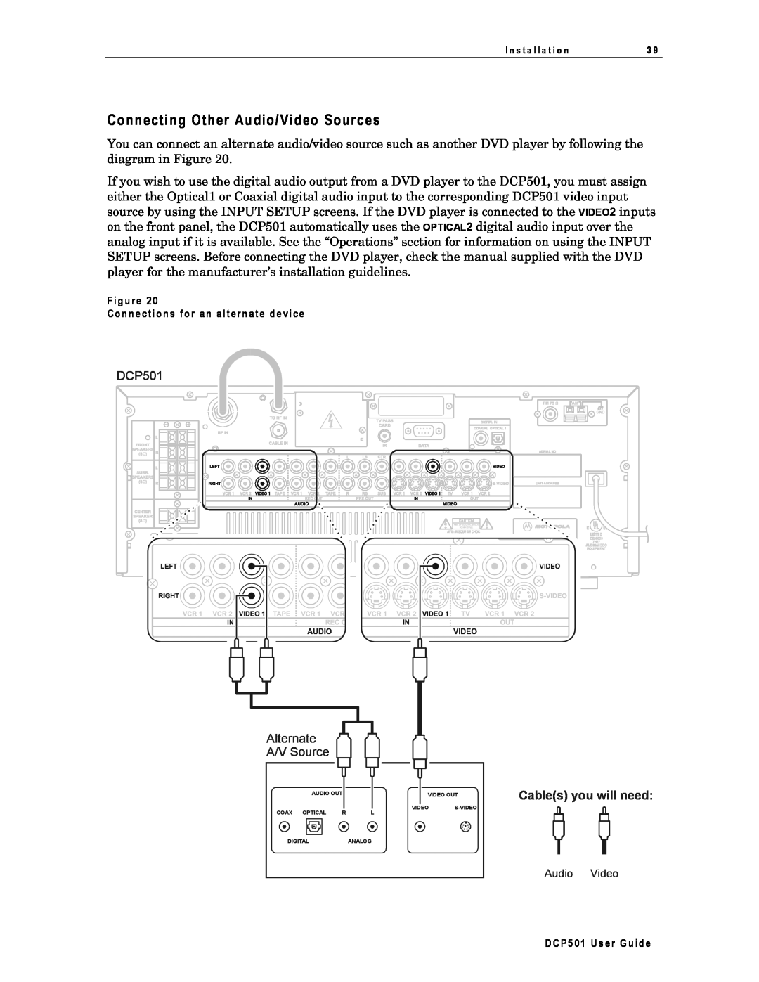 Motorola DCP501 manual Connecting Other Audio/Video Sources, Alternate A/V Source, Cables you will need 