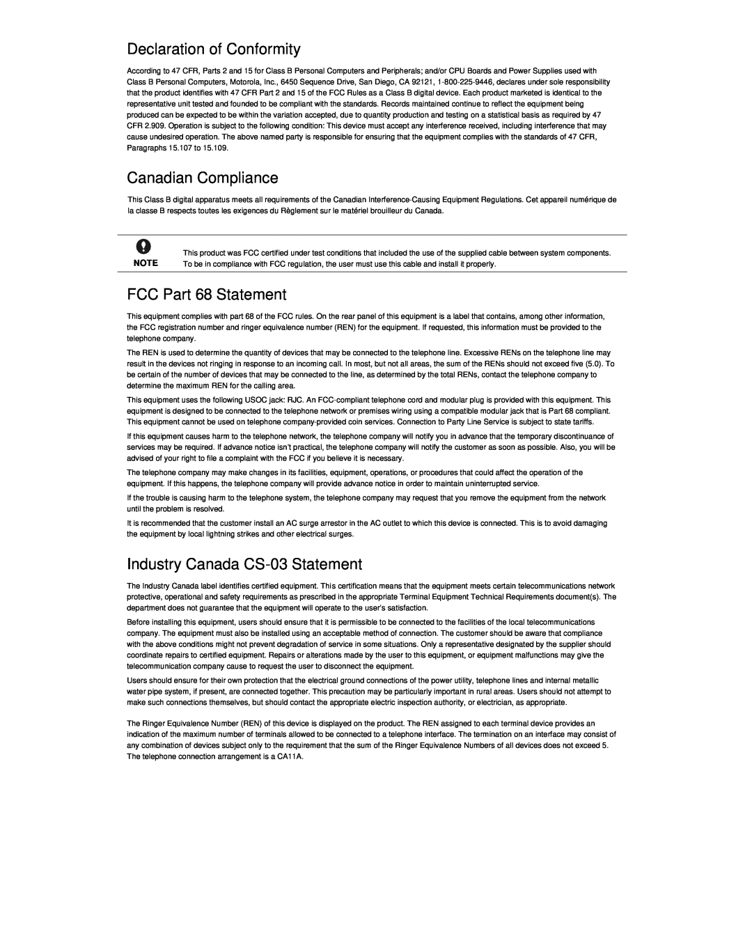 Motorola DCP501 Declaration of Conformity, Canadian Compliance, FCC Part 68 Statement, Industry Canada CS-03Statement 