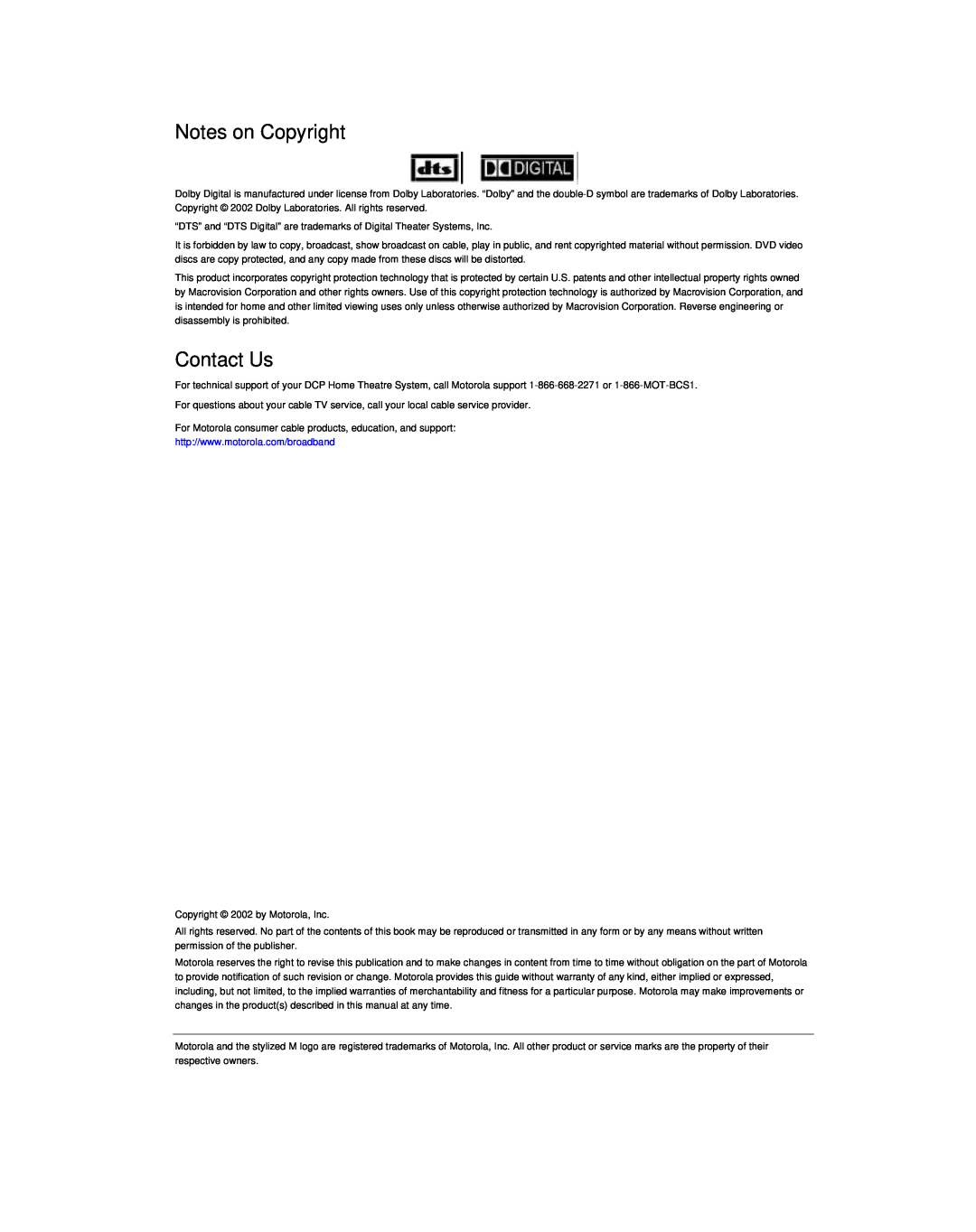 Motorola DCP501 manual Notes on Copyright, Contact Us 