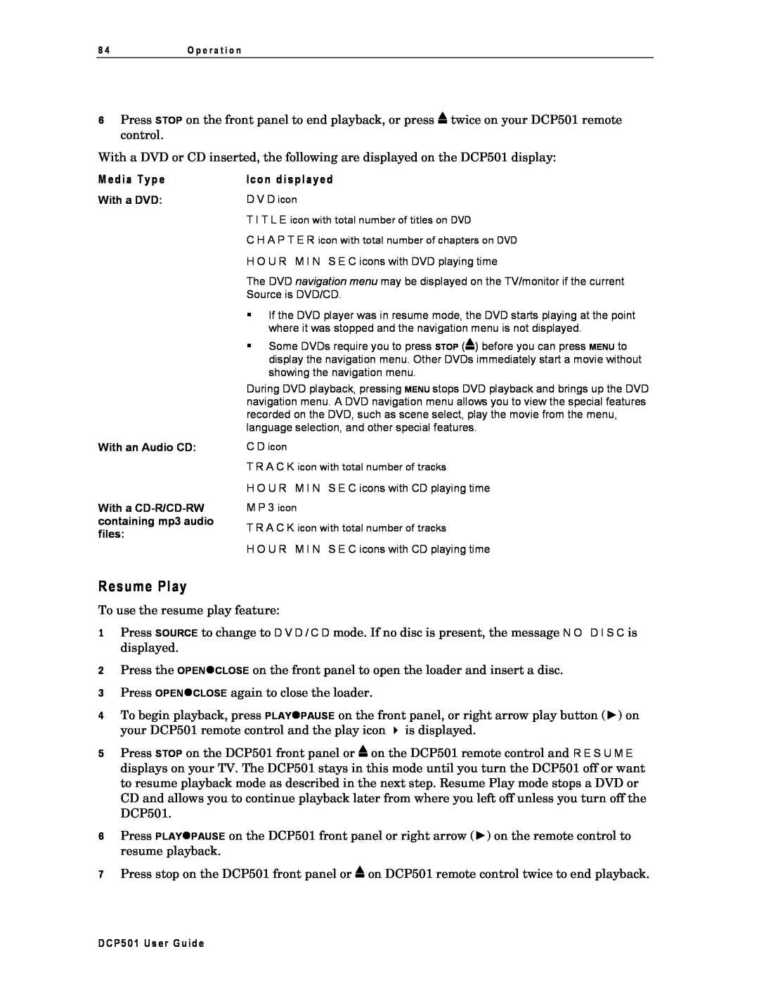Motorola DCP501 manual Resume Play, Media Type, Icon displayed 