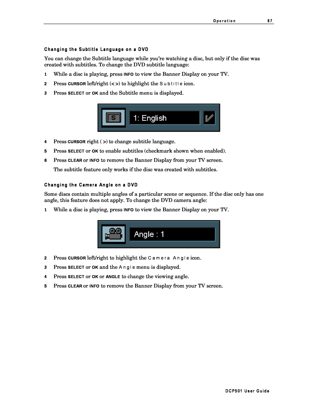 Motorola DCP501 manual Changing the Subtitle Language on a DVD, Changing the Camera Angle on a DVD 