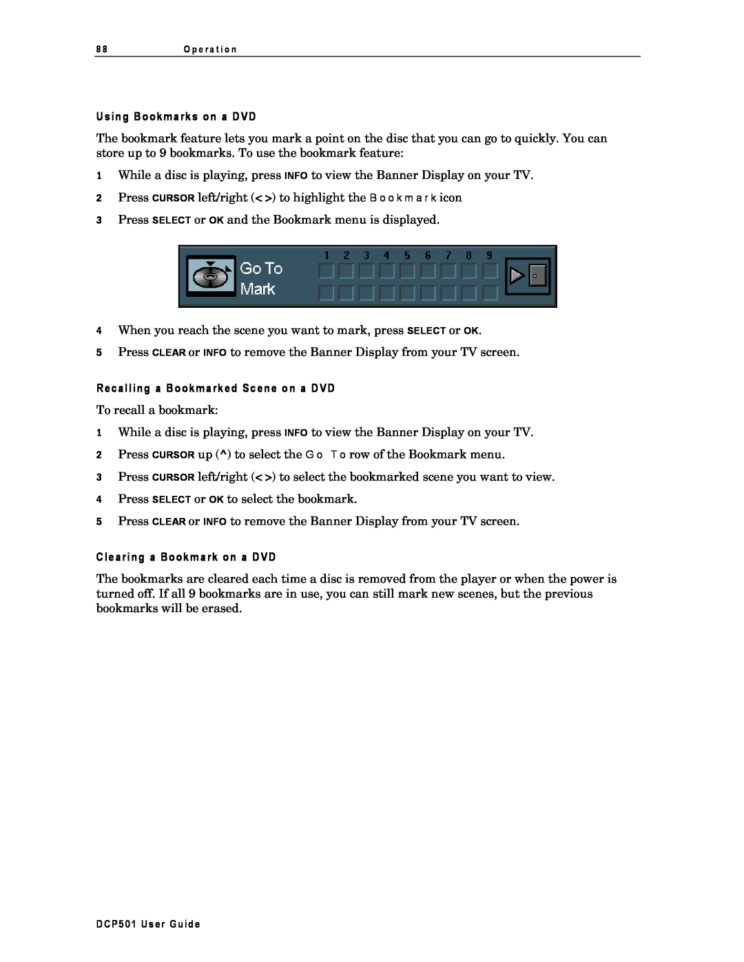 Motorola DCP501 manual Using Bookmarks on a DVD, Recalling a Bookmarked Scene on a DVD, Clearing a Bookmark on a DVD 