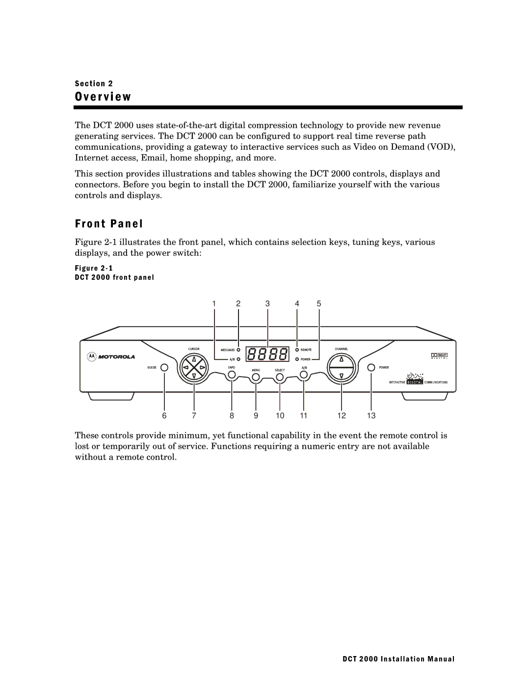 Motorola DCT 2000 installation manual E r v i e w, O n t P a n e l, G u r e 2 T 2 0 0 0 f r o n t p a n e l 