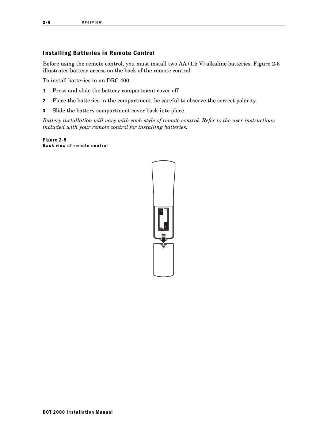 Motorola Installing Batteries in Remote Control, Back view of remote control DCT 2000 Installation Manual 