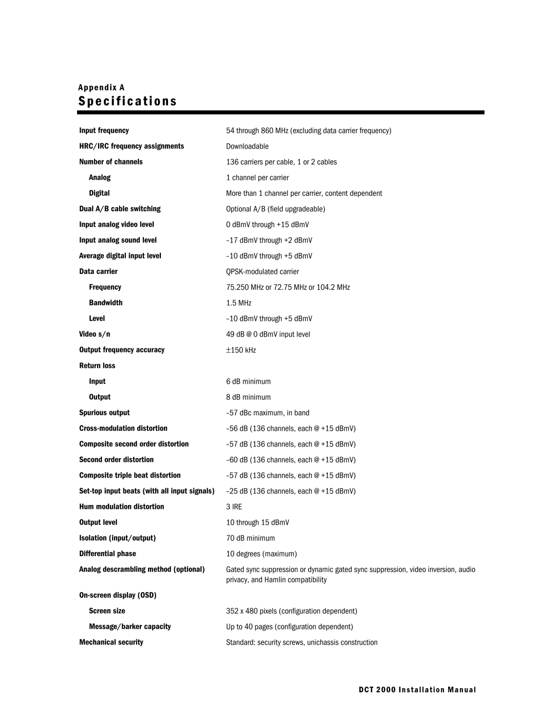 Motorola DCT 2000 Specification s, Appendix a, 25 dB 136 channels, each @ +15 dBmV, Hum modulation distortion 