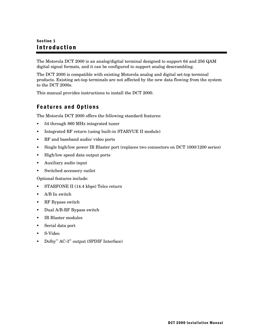 Motorola DCT 2000 installation manual T r o d u c t i o n, A t u r e s a n d O p t i o n s, Section 