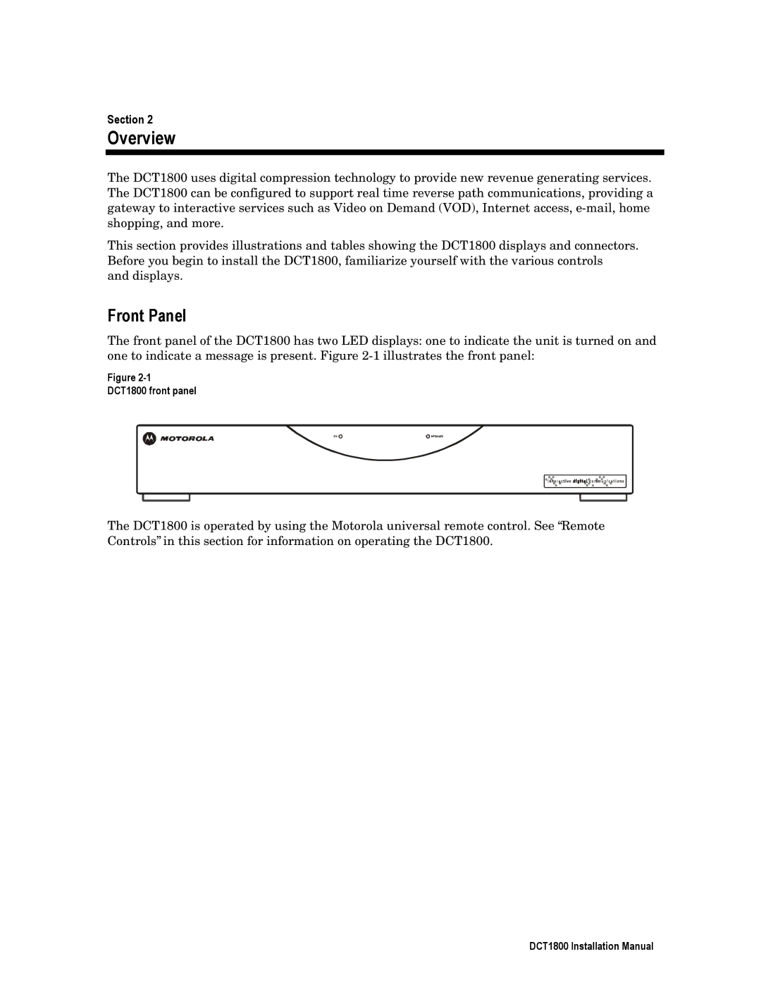 Motorola installation manual Overview, Front Panel, DCT1800 front panel 