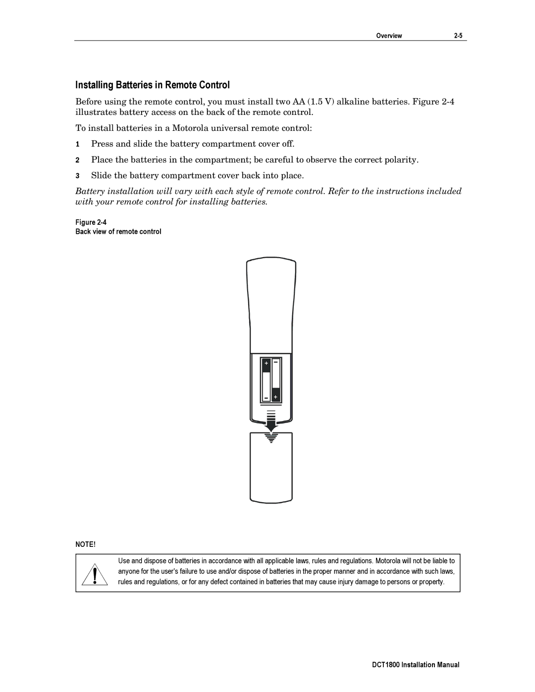 Motorola DCT1800 installation manual Installing Batteries in Remote Control, Back view of remote control 