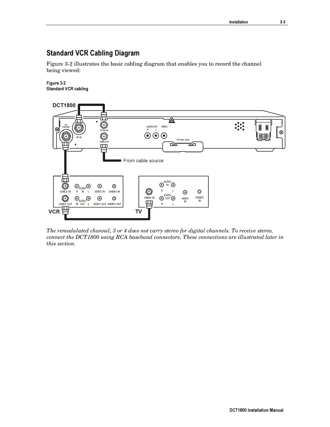 Motorola DCT1800 installation manual Standard VCR Cabling Diagram, Standard VCR cabling 