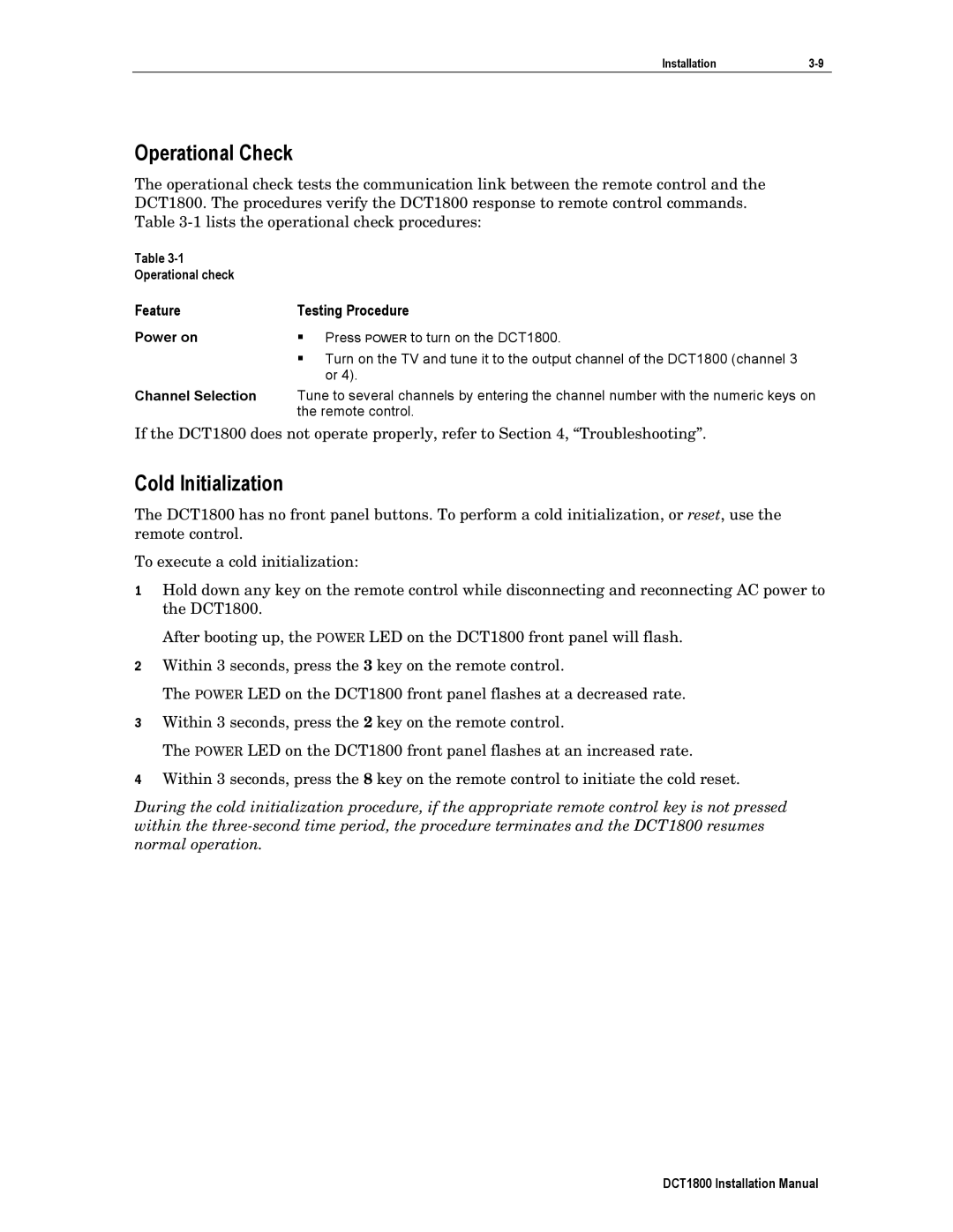 Motorola DCT1800 installation manual Operational Check, Cold Initialization, Feature Testing Procedure 