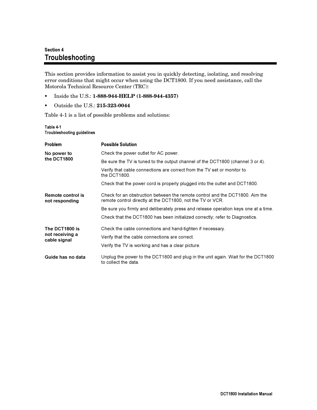 Motorola DCT1800 installation manual Troubleshooting, Problem, Possible Solution 