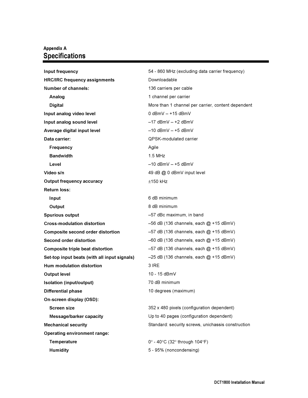 Motorola DCT1800 installation manual Specifications 