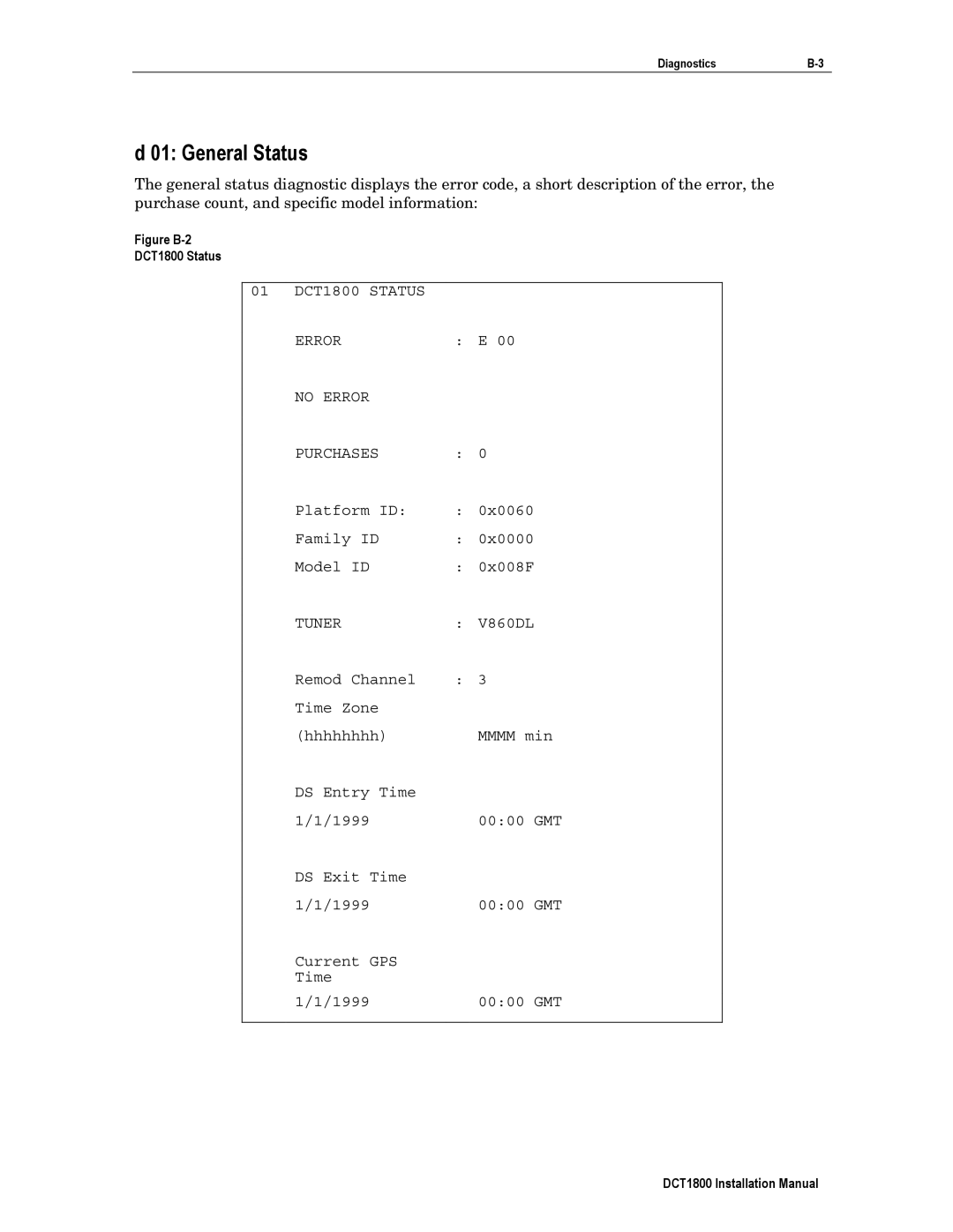 Motorola installation manual General Status, Figure B-2 DCT1800 Status 