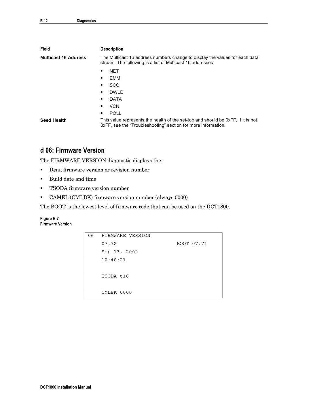 Motorola DCT1800 installation manual Firmware Version, Multicast 16 Address, Seed Health 