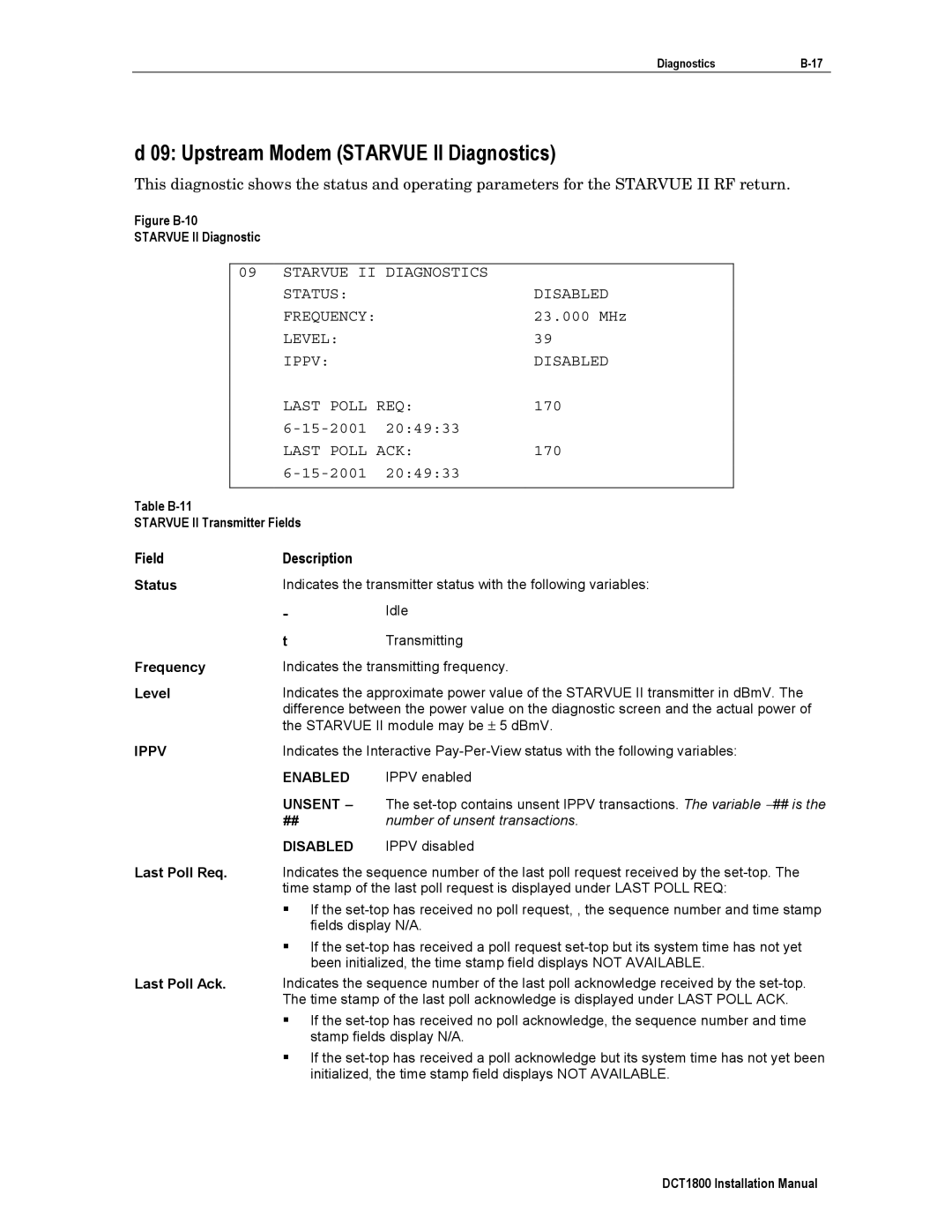 Motorola DCT1800 installation manual Upstream Modem Starvue II Diagnostics, Ippv, Enabled, Unsent, Disabled 