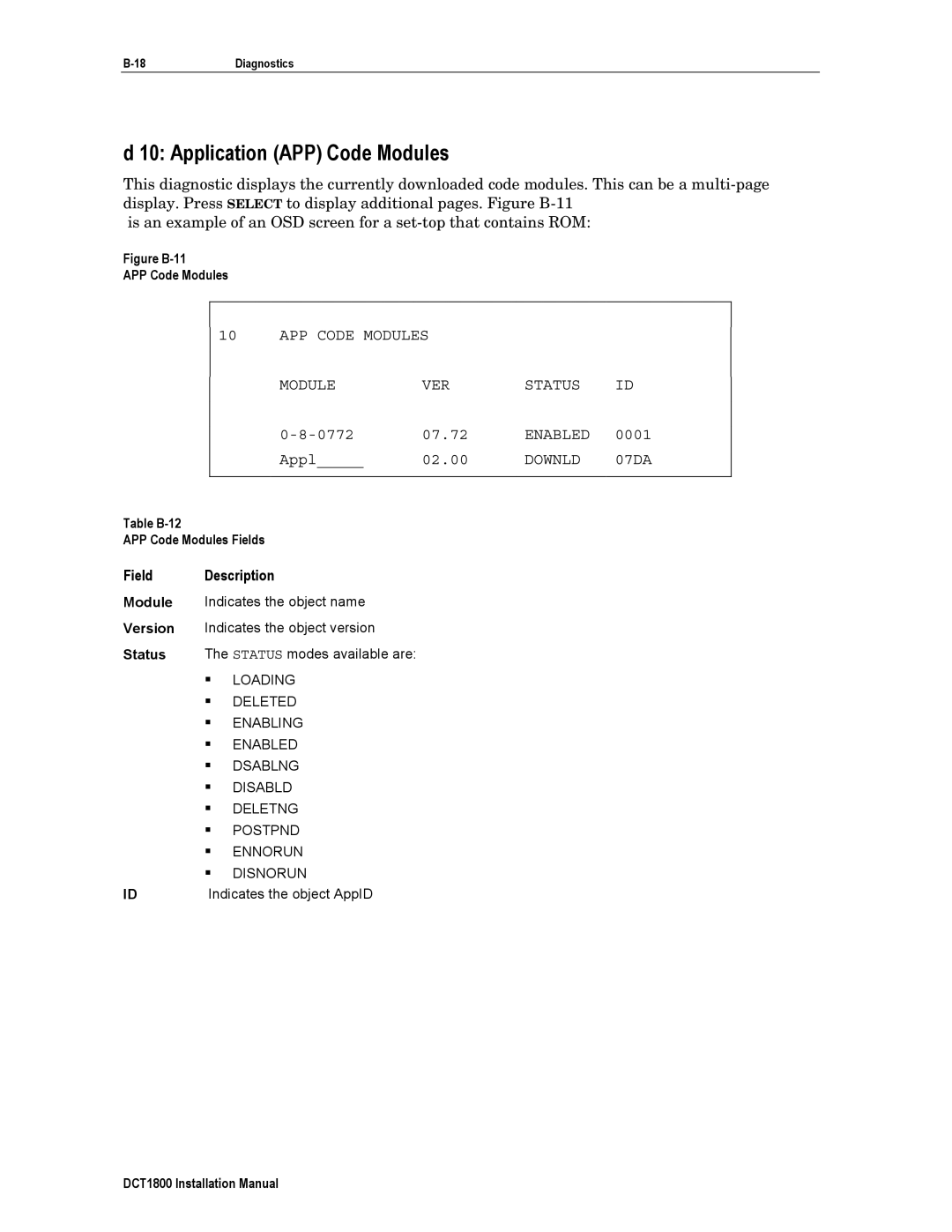 Motorola DCT1800 installation manual Application APP Code Modules, Table B-12 APP Code Modules Fields 