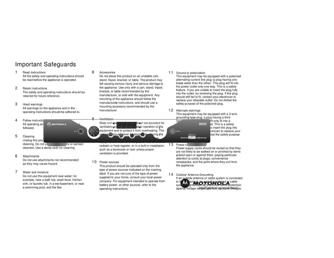 Motorola DCT2000 manual Important Safeguards, Cleaning 