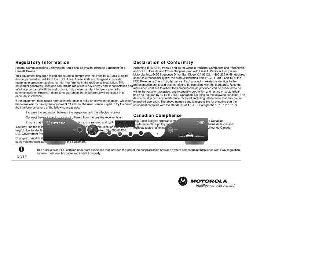 Motorola DCT2000 manual Regulatory Information, Declaration of Conformity, Canadian Compliance 