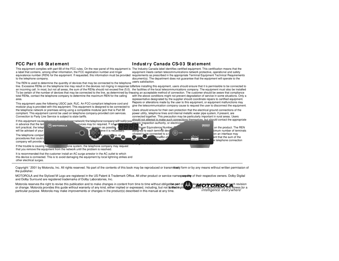 Motorola DCT2000 manual FCC Part 68 Statement, Industry Canada CS-03 Statement 