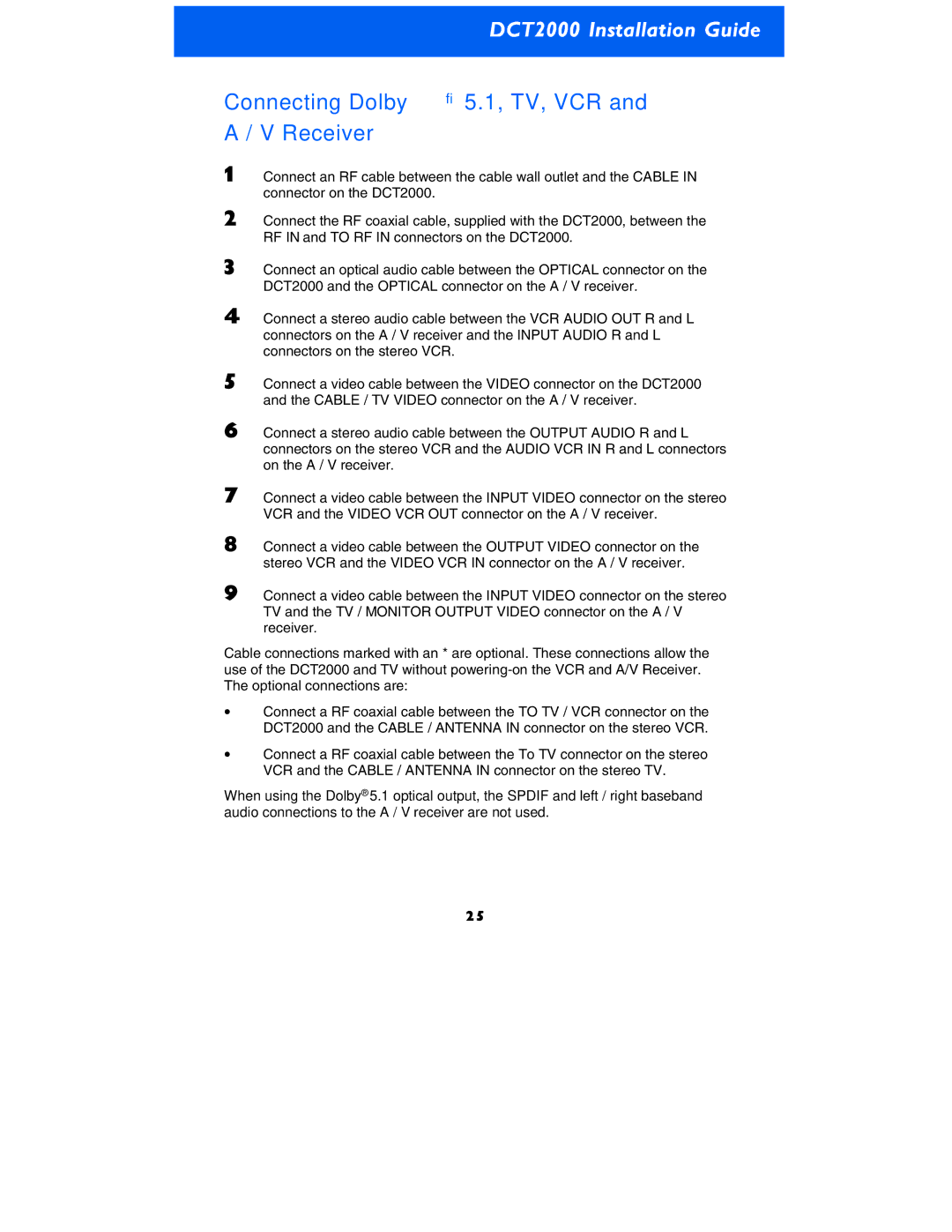 Motorola DCT2000 manual Connecting Dolby 5.1, TV, VCR and a / V Receiver 