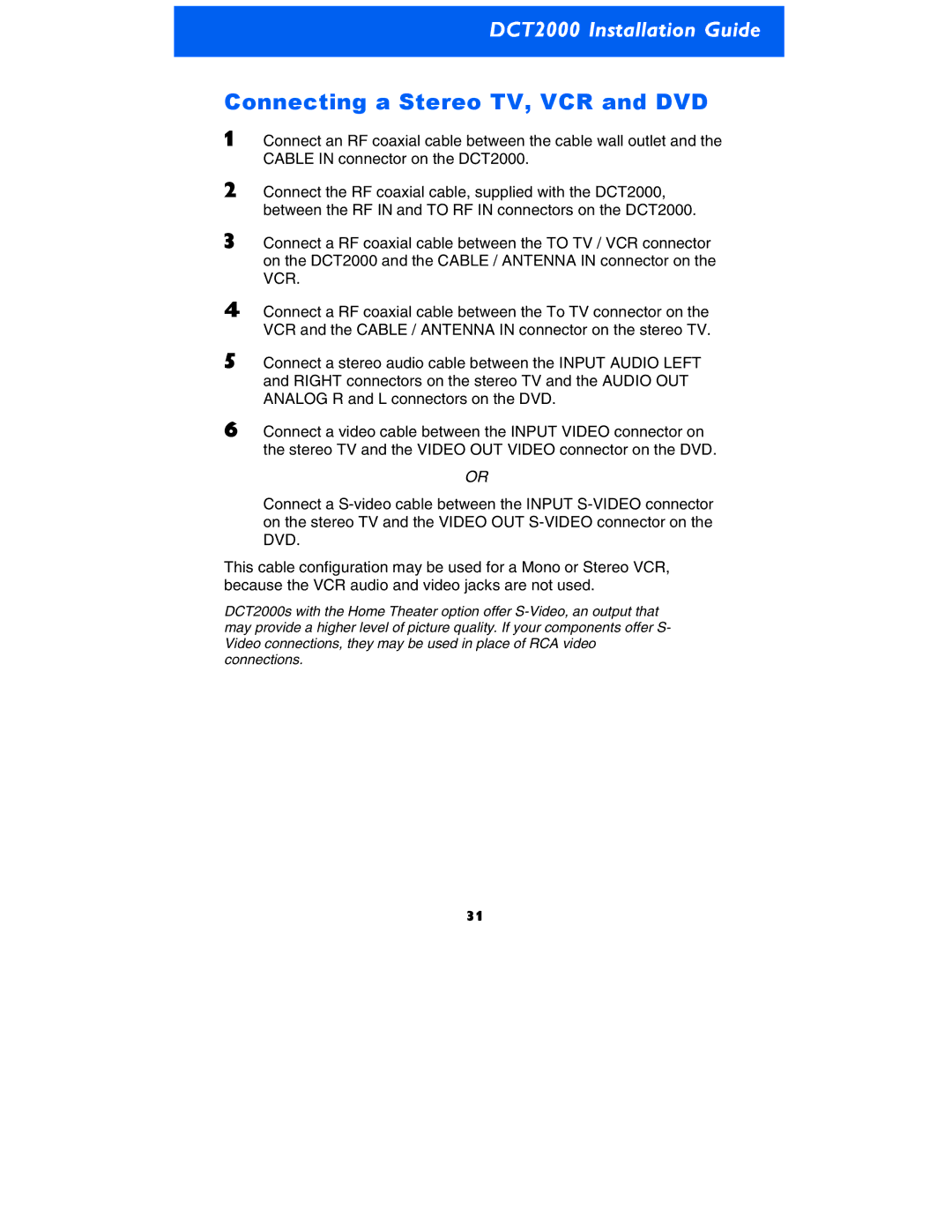 Motorola DCT2000 manual Connecting a Stereo TV, VCR and DVD 