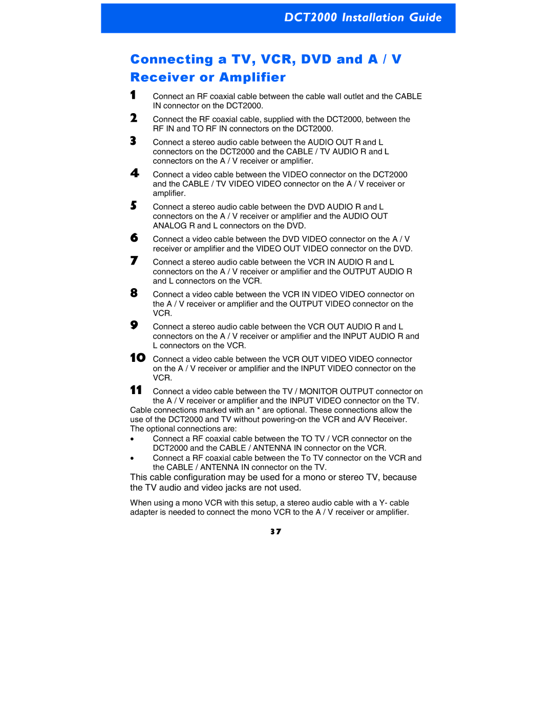 Motorola DCT2000 manual Connecting a TV, VCR, DVD and a / V Receiver or Amplifier 