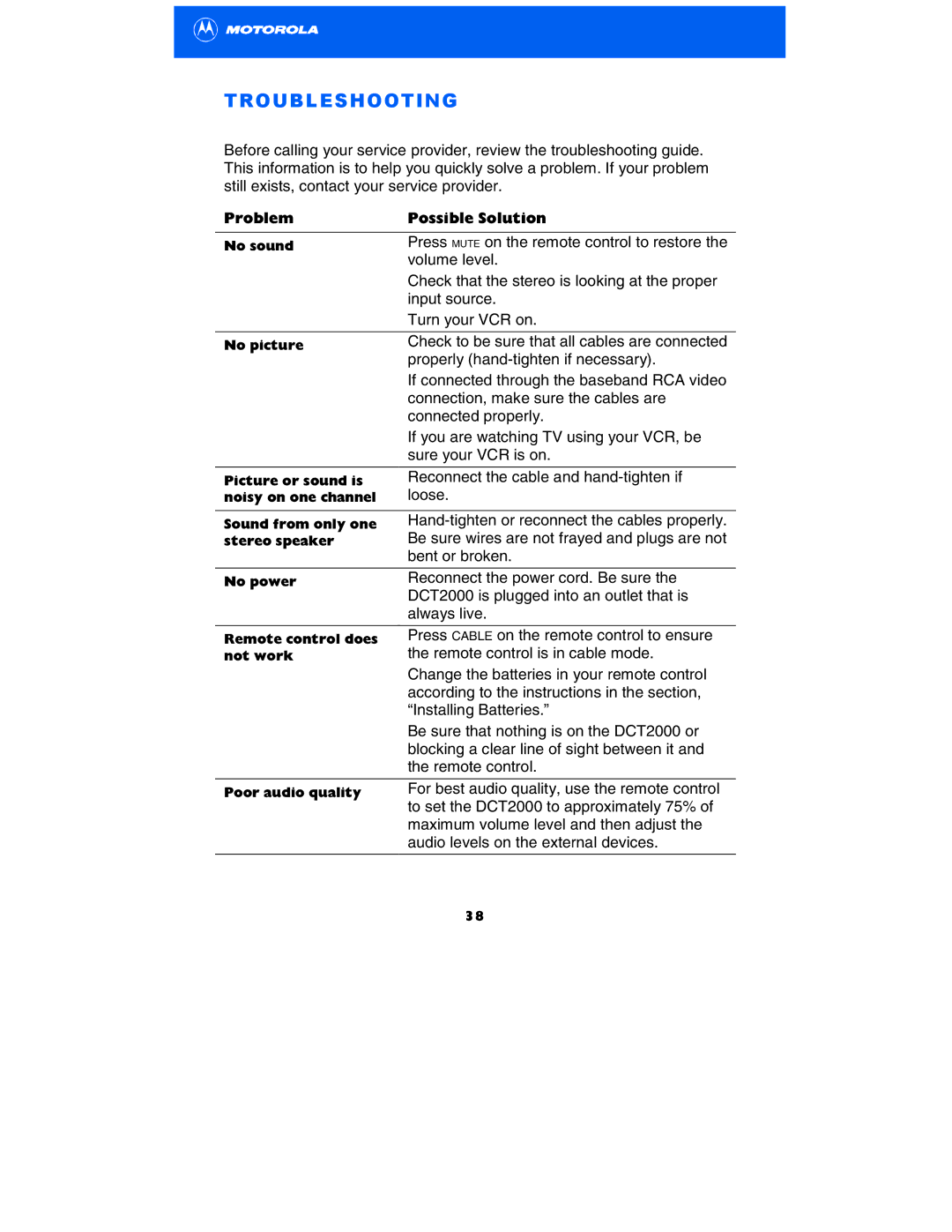 Motorola DCT2000 manual Troubleshooting, Problem Possible Solution 