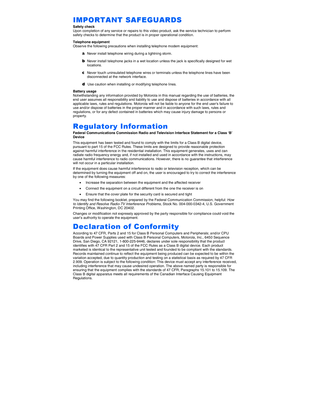 Motorola DCT2000 manual Regulatory Information, Declaration of Conformity 