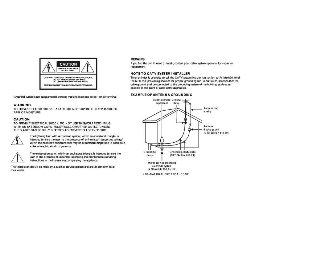 Motorola DCT2000 manual Repairs, Note To Catv System Installer, Example Of Antenna Grounding, E lectric ser vice 