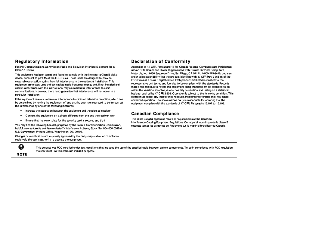 Motorola DCT2000 manual Regulatory Information, Declaration of Conformity, Canadian Compliance 