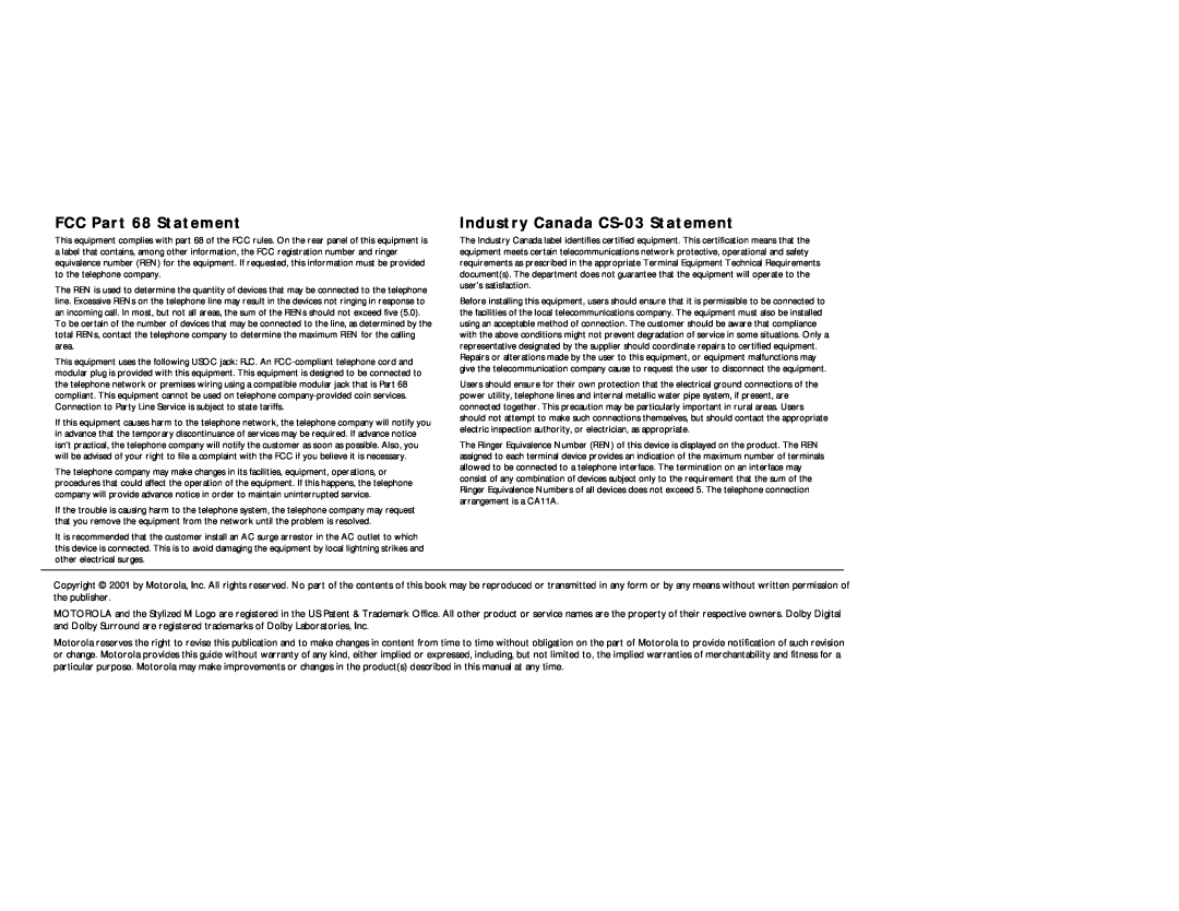 Motorola DCT2000 manual FCC Part 68 Statement, Industry Canada CS-03 Statement 