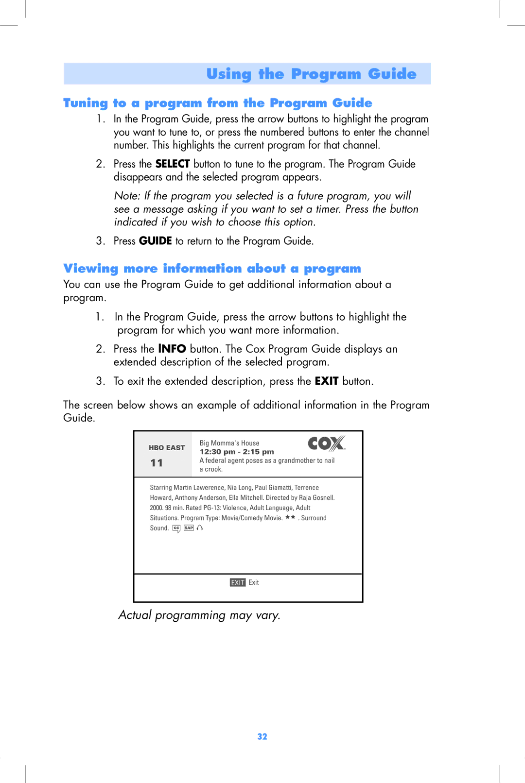 Motorola DCT2000, DCT2500 user manual Tuning to a program from the Program Guide, Viewing more information about a program 