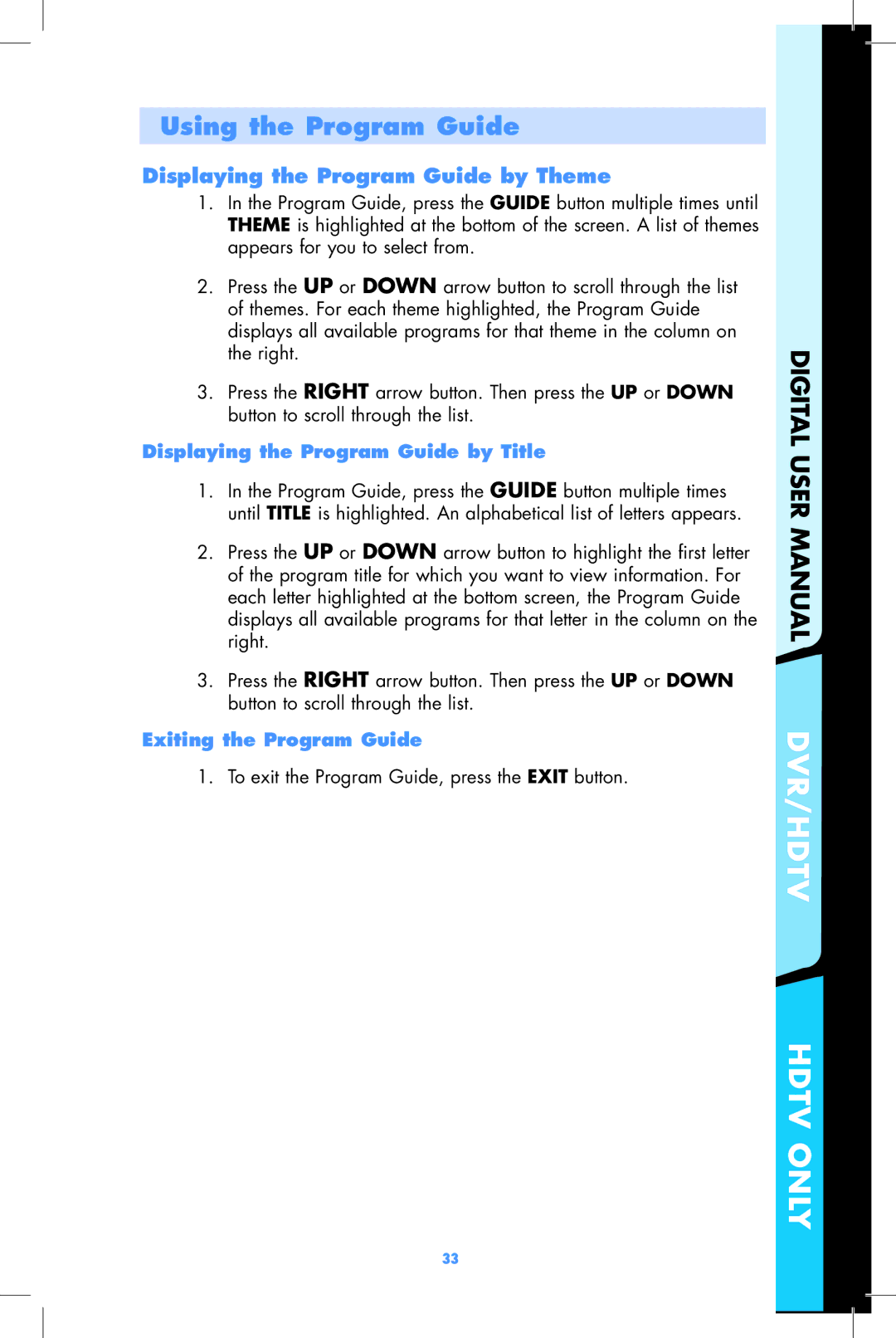 Motorola DCT2500 Displaying the Program Guide by Theme, Displaying the Program Guide by Title, Exiting the Program Guide 