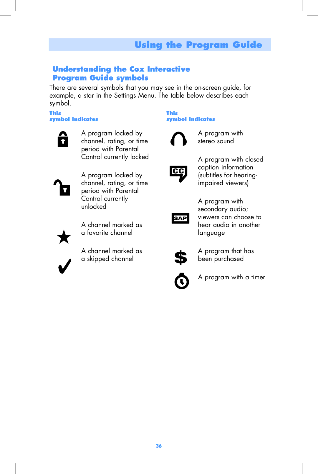 Motorola DCT2000, DCT2500 user manual Understanding the Cox Interactive Program Guide symbols 