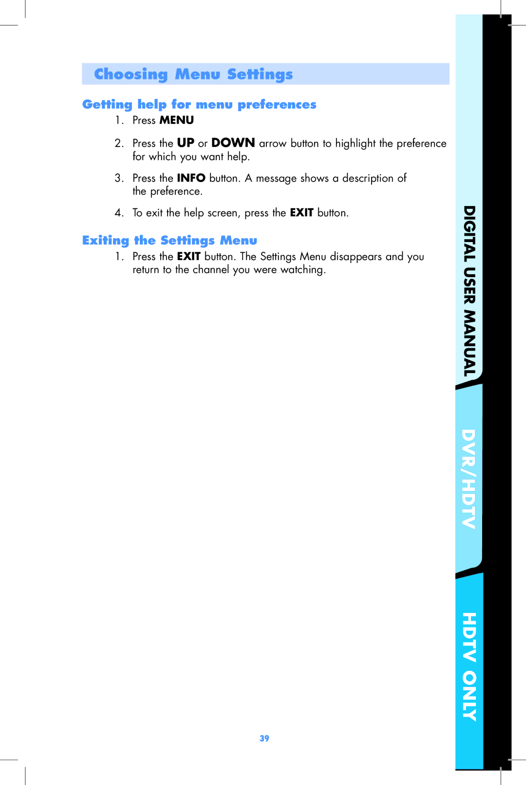 Motorola DCT2500, DCT2000 user manual Getting help for menu preferences, Exiting the Settings Menu 