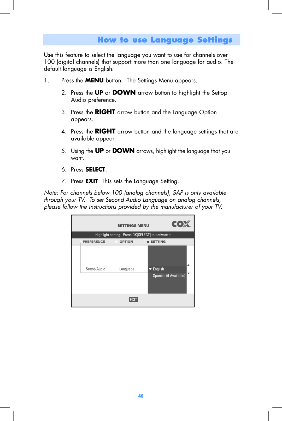 Motorola DCT2000, DCT2500 user manual How to use Language Settings 