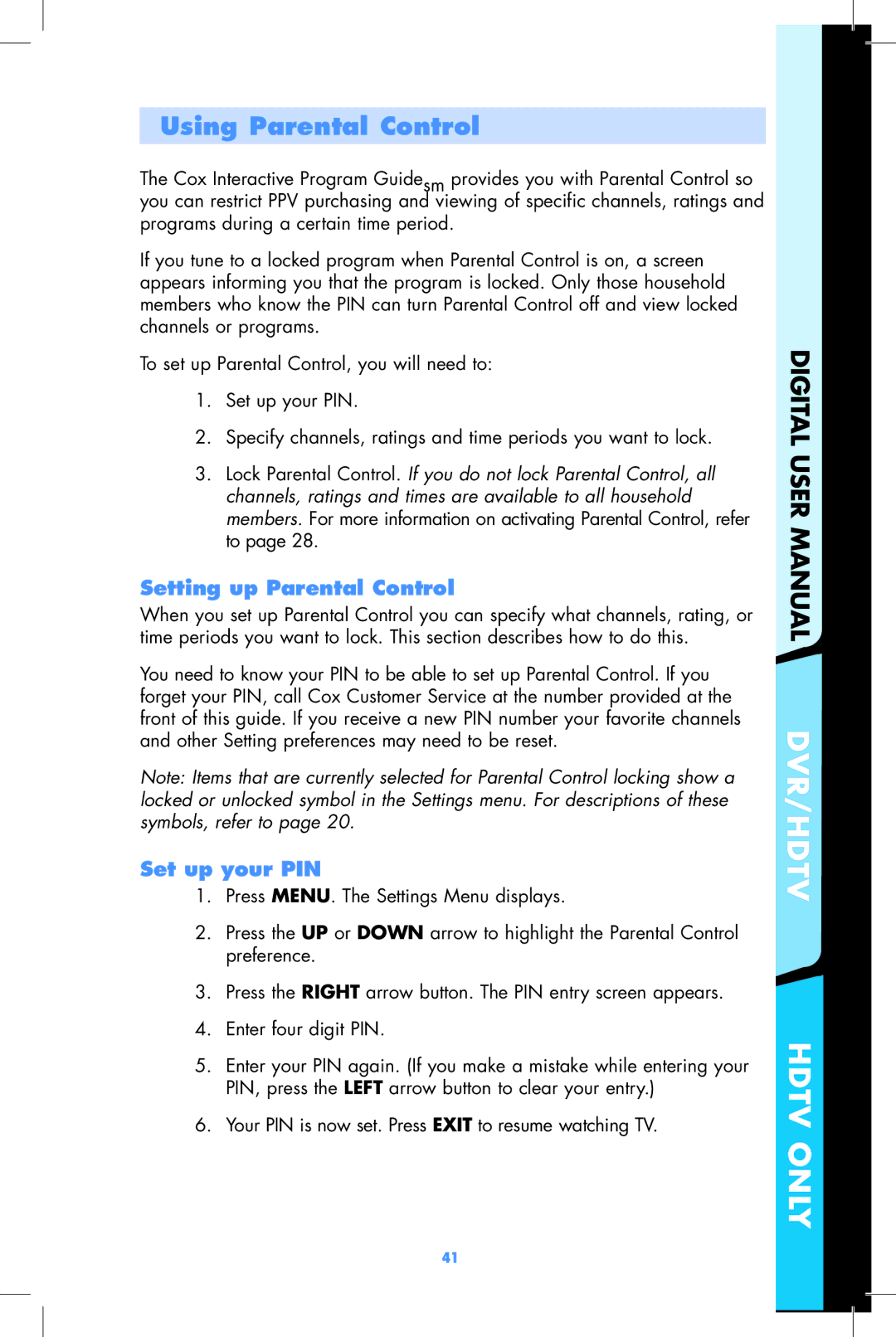 Motorola DCT2500, DCT2000 user manual Using Parental Control, Setting up Parental Control, Set up your PIN 