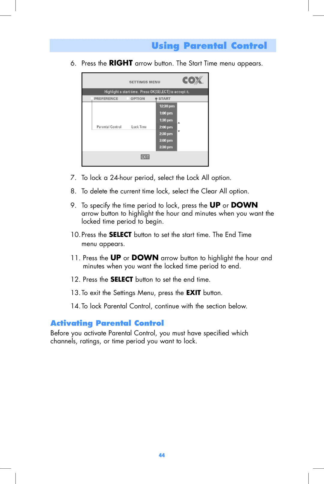 Motorola DCT2000, DCT2500 user manual Activating Parental Control 