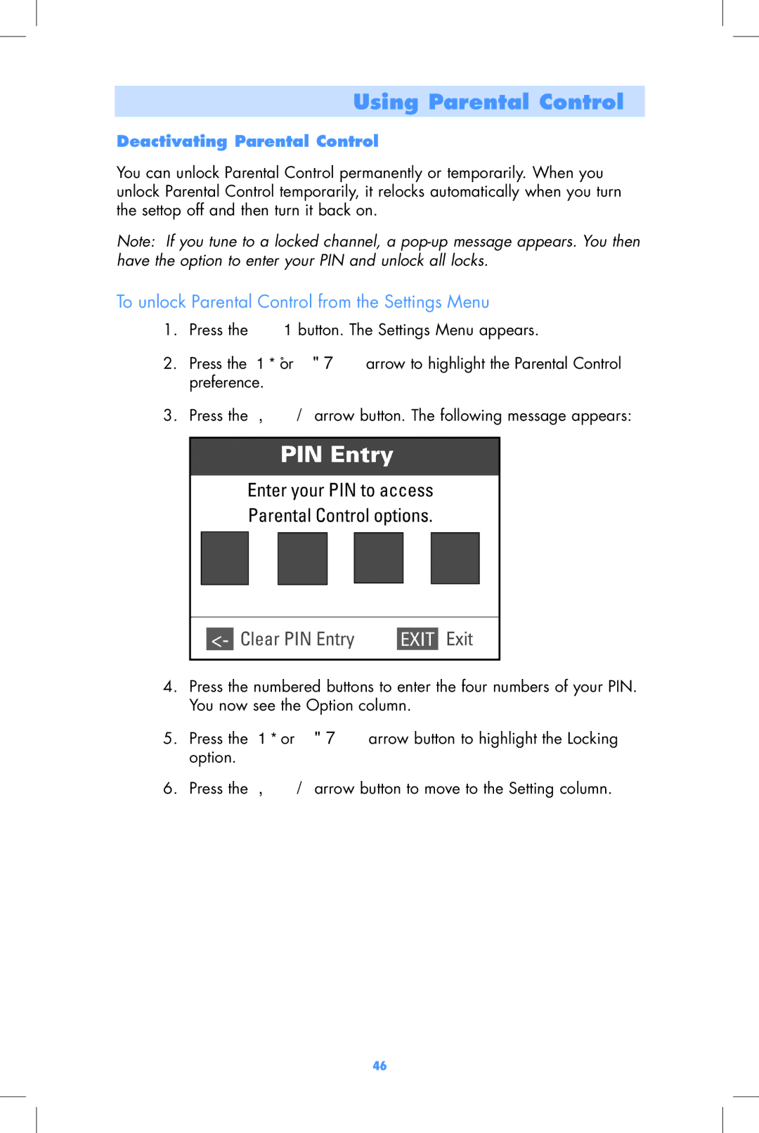 Motorola DCT2000, DCT2500 user manual To unlock Parental Control from the Settings Menu, Deactivating Parental Control 