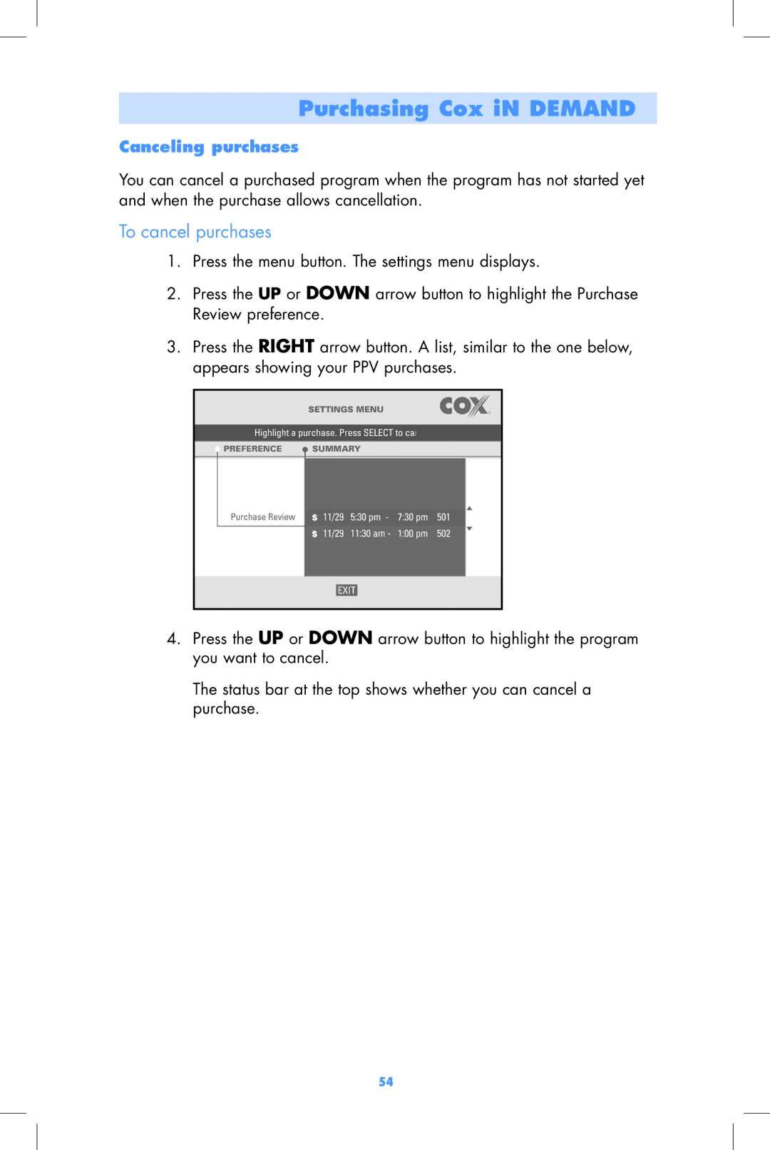 Motorola DCT2000, DCT2500 user manual To cancel purchases, Canceling purchases 