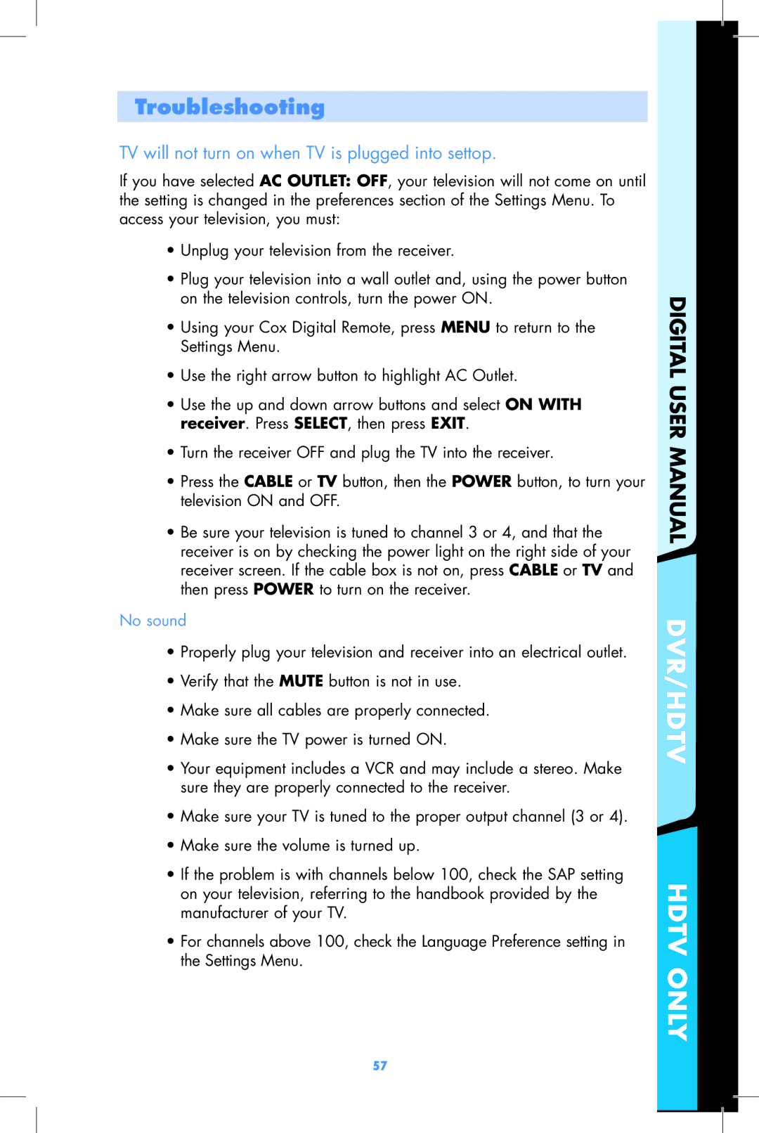 Motorola DCT2500, DCT2000 user manual TV will not turn on when TV is plugged into settop, No sound 