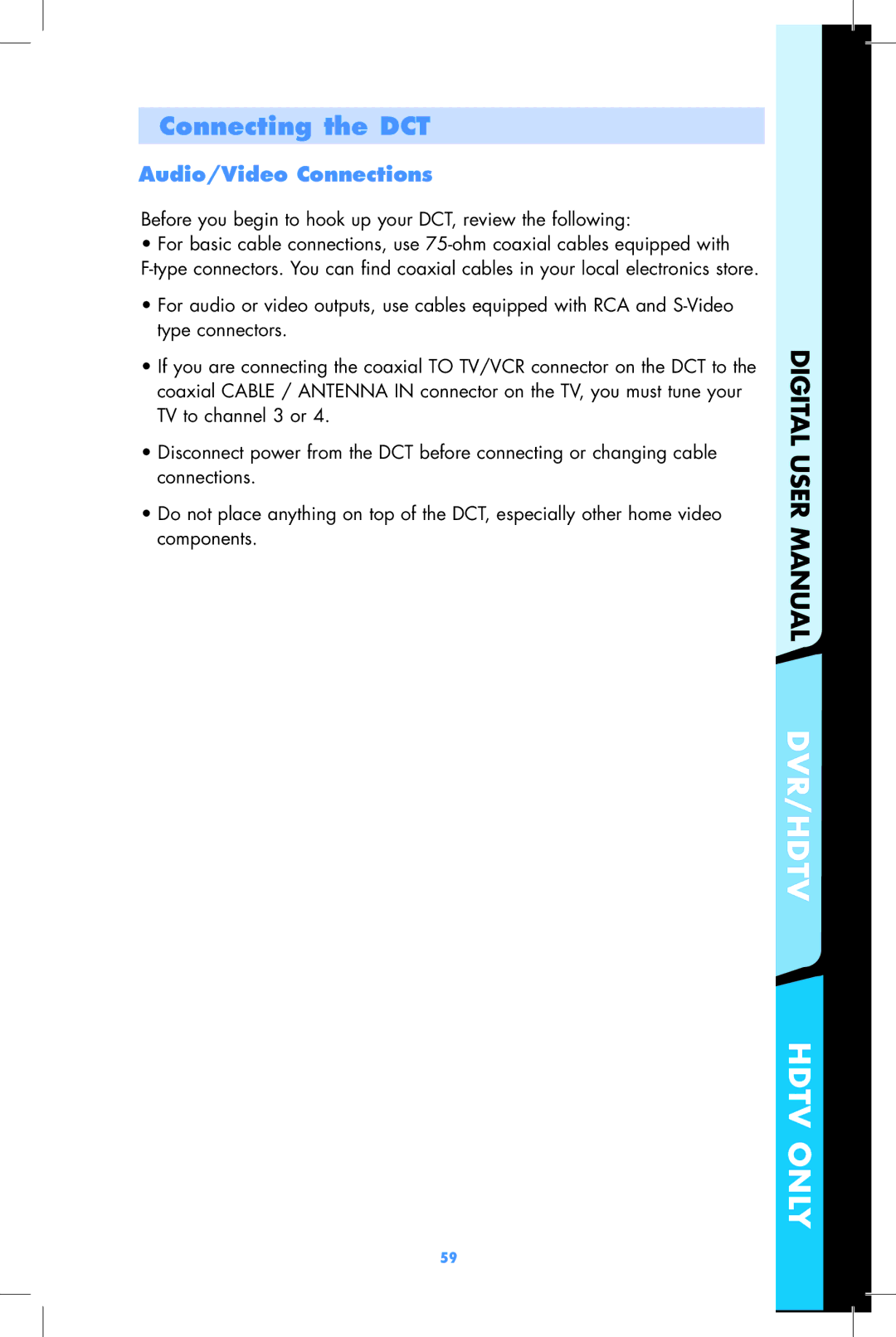 Motorola DCT2500, DCT2000 user manual Connecting the DCT, Audio/Video Connections 