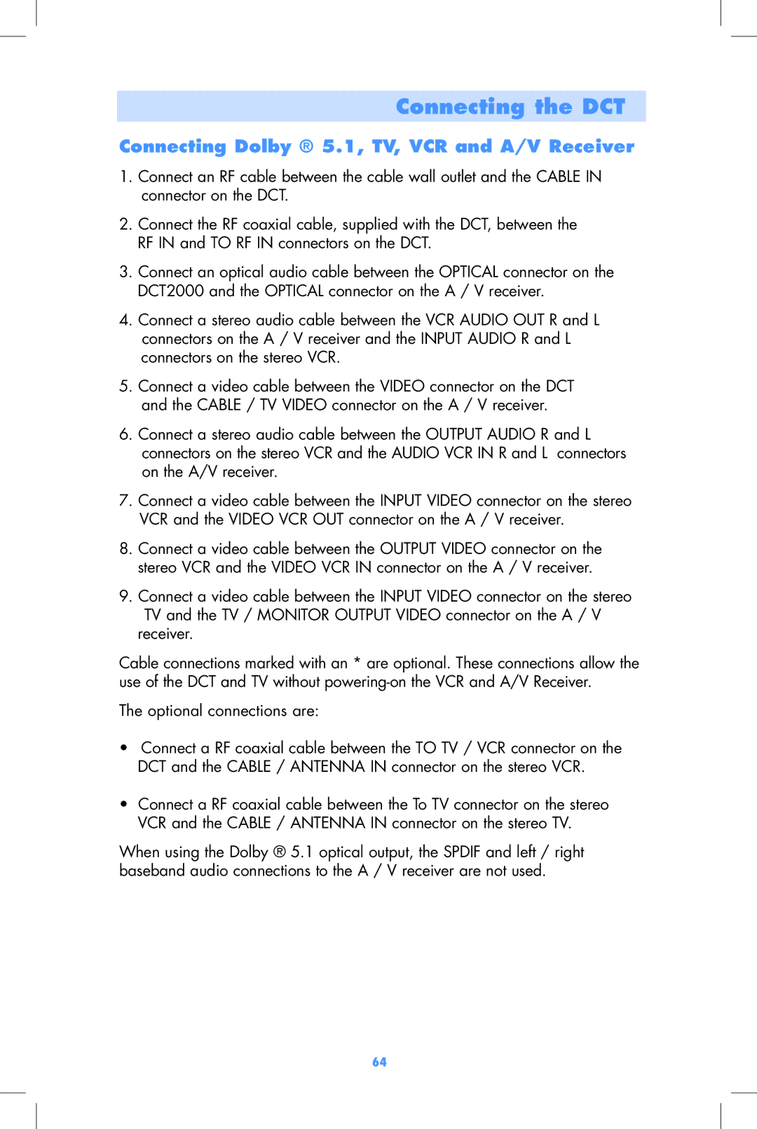 Motorola DCT2000, DCT2500 user manual Connecting Dolby 5.1, TV, VCR and A/V Receiver 