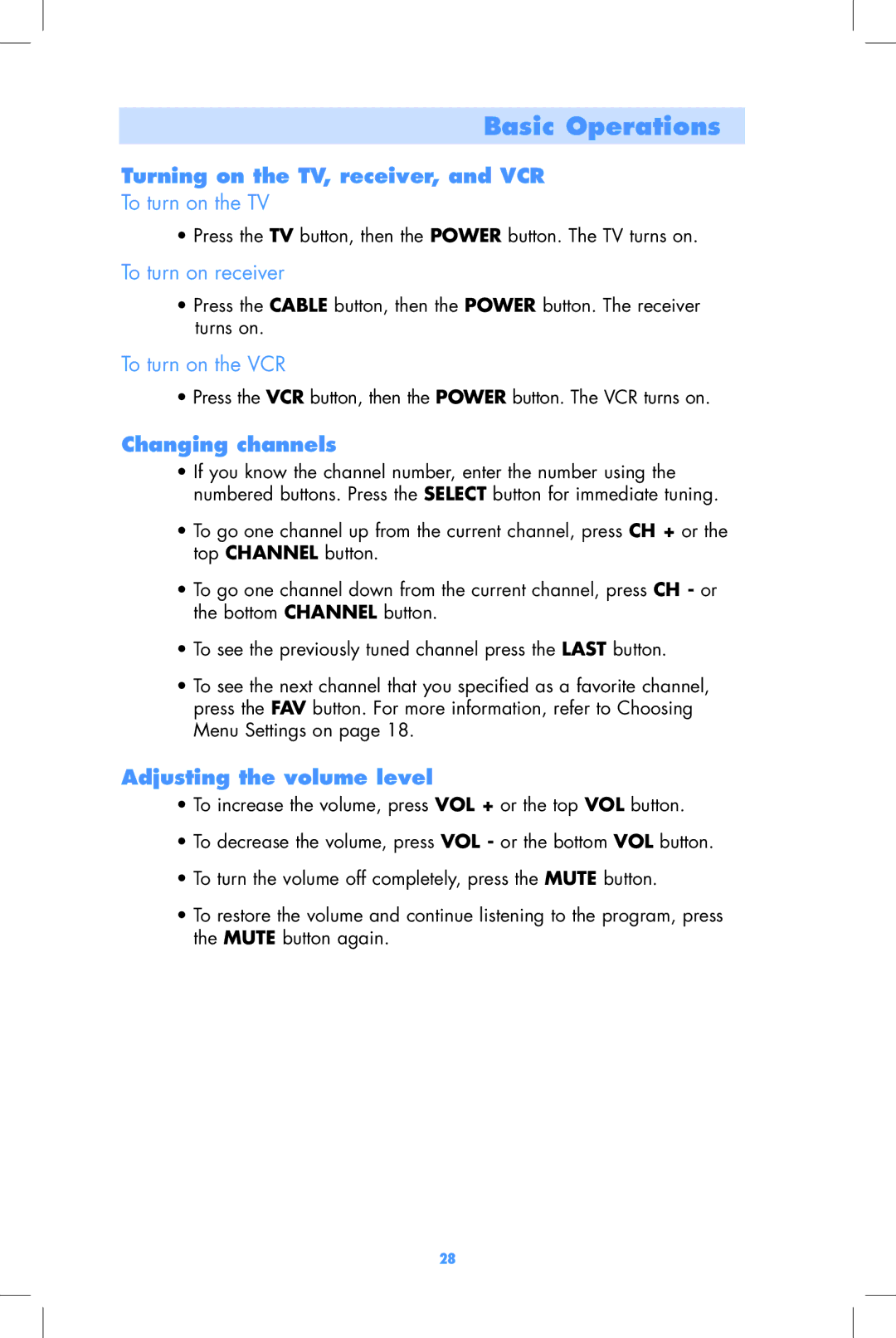 Motorola DCT2000 Basic Operations, Turning on the TV, receiver, and VCR, Changing channels, Adjusting the volume level 