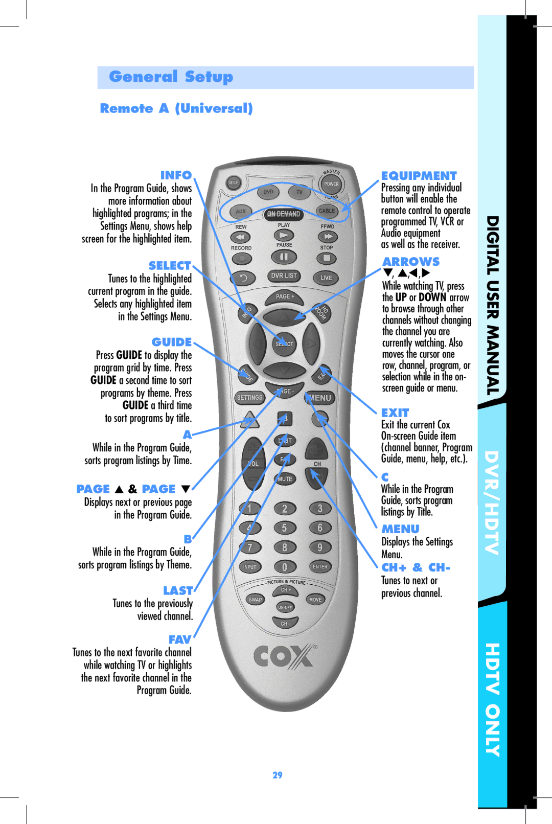 Motorola DCT2500, DCT2000 user manual General Setup, Remote a Universal, Ch+ & Ch 