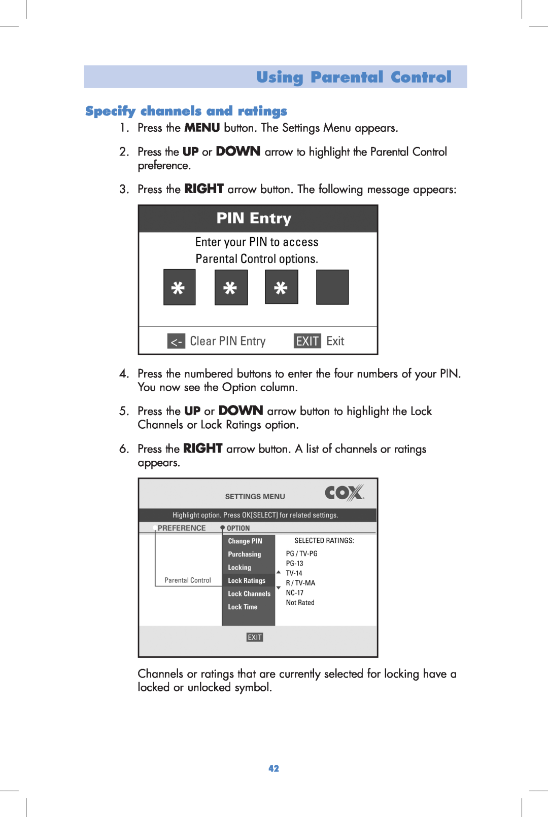Motorola DCT2000, DCT2500 user manual Specify channels and ratings, Using Parental Control 