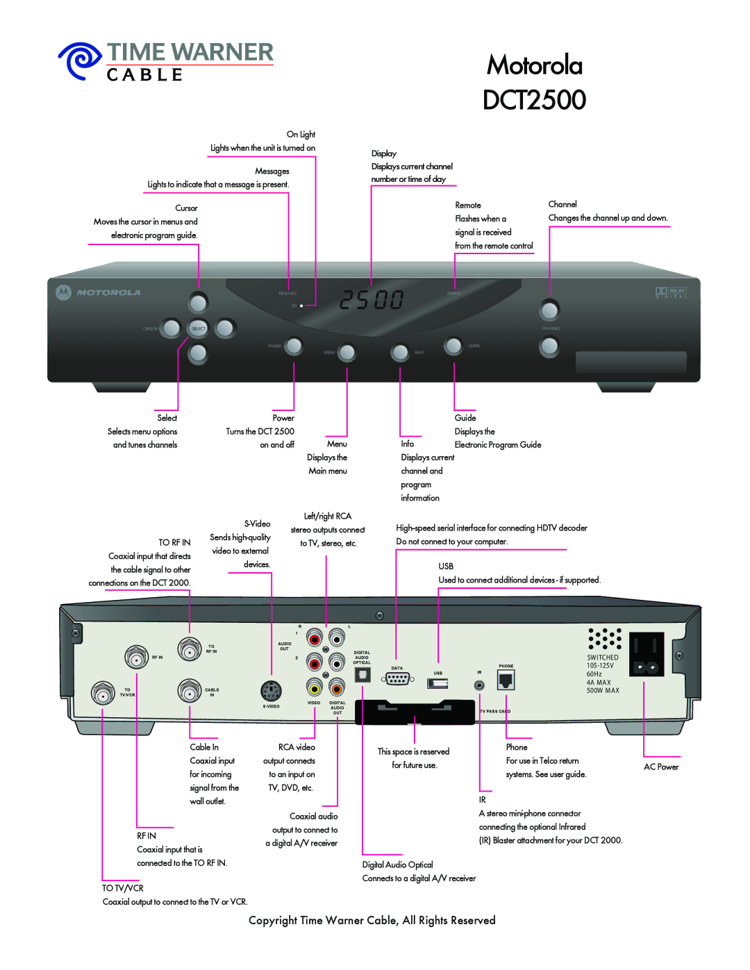 Motorola DCT2500 manual Motorola, Copyright Time Warner Cable, All Rights Reserved 