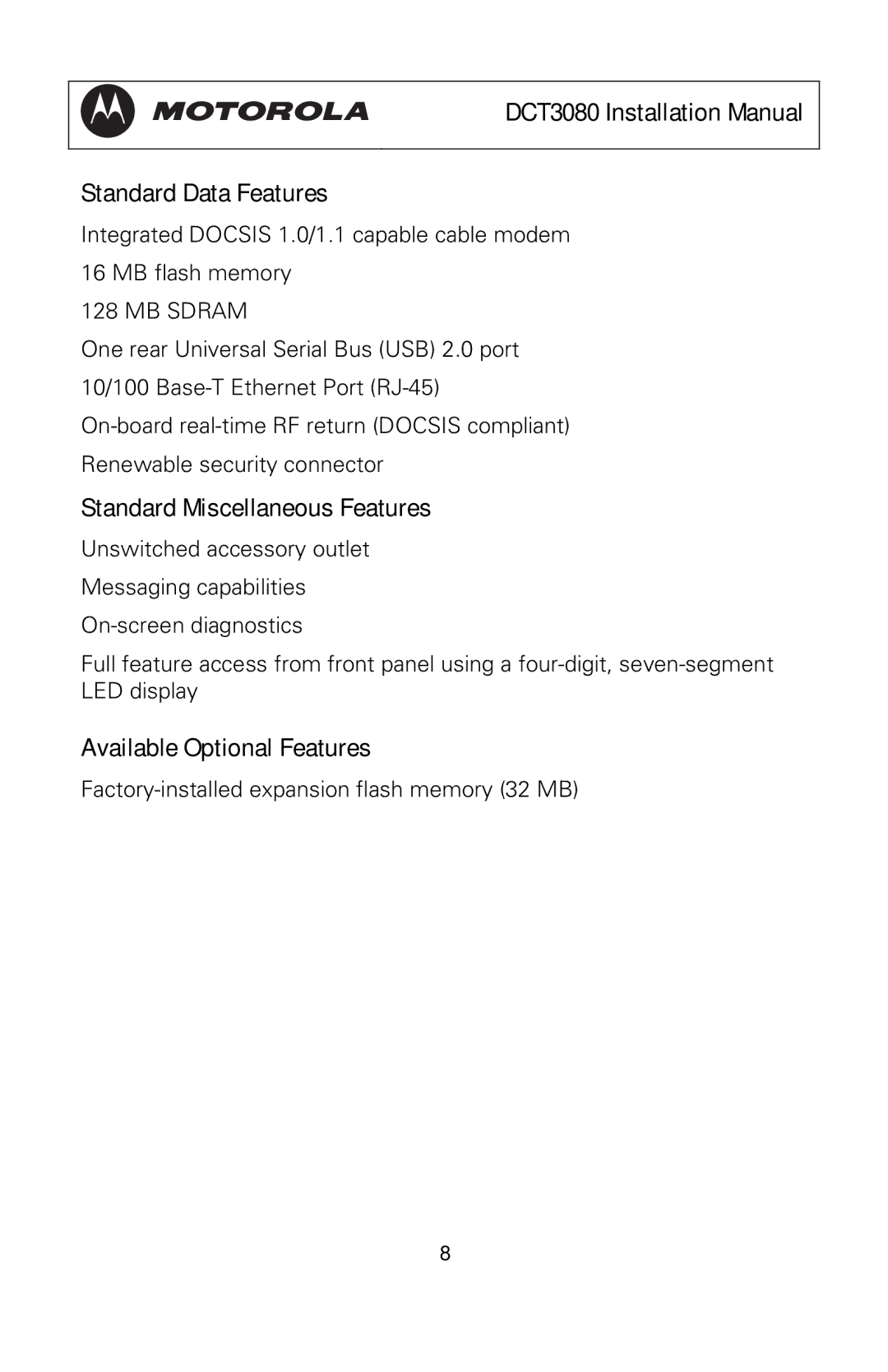 Motorola manual DCT3080 Installation Manual Standard Data Features, Standard Miscellaneous Features 