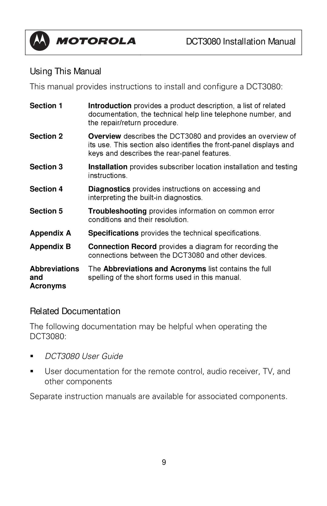 Motorola manual DCT3080 Installation Manual Using This Manual, Related Documentation, Acronyms 